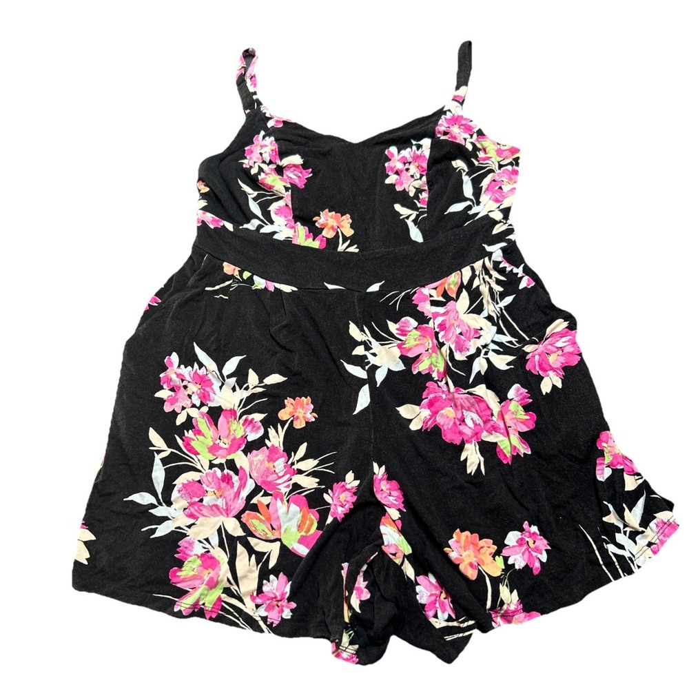 torrid Black Floral Romper with Pink & Cream Flowers